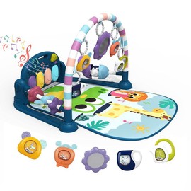 Dearlomum baby Play Mat Baby Gym,Funny Play Piano Tummy Time Baby Activity Mat with 5 Infant Sensory Baby Toys, Music and Lights Boy & Girl Gifts for Newborn Baby（Blue）