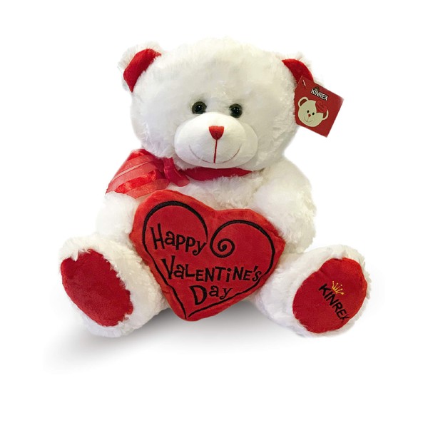 KINREX Happy Valentine’s Day Stuffed Teddy Bear- Teddy Bear to Gift for Valentine’s Day for Couples- White Valentines Big Teddy Bear with Heart Pillow - 11.81” / 30 cm.