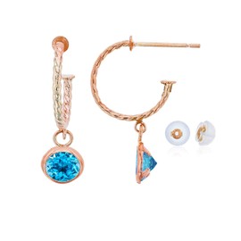 14K Rose Gold 12mm Rope Half-Hoop with 4mm Round Swiss blue topaz Bezel Drop Earring with Silicone Back