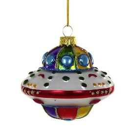 Cody Foster & Co Colorful UFO Ornament with Glitter, Multicolor Glass Alien Spaceship, 2.5 inches