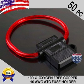 225FWY 50 Pack 10 Gauge ATC InLine Blade Fuse Holder 100% OFC Copper Wire Protection US