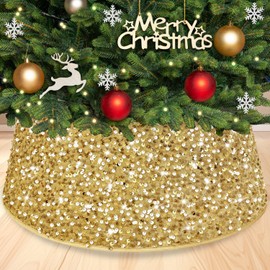 TPCSCH Gold Christmas Tree Collars Sparkle Xmas Tree Ring Large Christmas Tree Base Collar 28.3 Inch Sequins Xmas Tree Collar Glitter Tree Blanket Collar for Christmas Eve Party Home Ornament