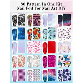 Kalolary 30ML Nail Foil Glue Gel with 80Pcs Foil Transfer Stickers Set, Holographic Nail Art Transfer Stickers DIY Decoration for Salon or Home Use