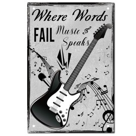 CREATCABIN Music Speaks Signs Tin Plate Where Words Fail Music Speaks Vintage Metal Sign Guitar Retro Plaque Indoor Outdoor Wall Decorations for Family Home Hotel Store Door Decor, 8x12Inch