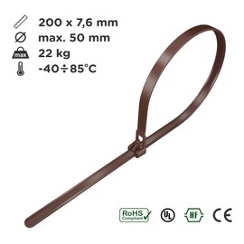 intervisio Cable Ties Resealable, 200 mm x 7.6 mm, Pack of 100, Brown, Removable, Reusable