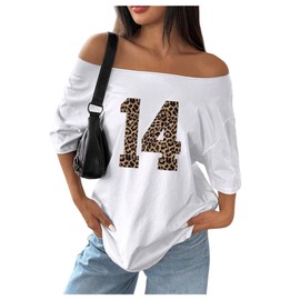 SOLY HUX Women's Jersey Shirts Number Graphic Off The Shoulder Oversized T-Shirt Leopard Streetwear Tee Tops White Leopard Medium