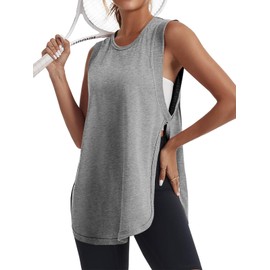Tankaneo Womens Side Slit Workout Tank Tops Cotton Sleeveless T Shirts Oversized Summer Casual Yoga Gym Tees Grey