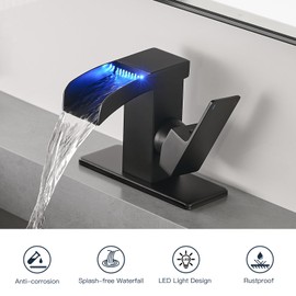 Kroias Matte Black LED Waterfall Bathroom Faucet, Single Hole Bathroom Sink Faucet, 3 Colors Light Changing Single Handle Vanity Faucets with cUPC Supply Lines, Stainless Steel