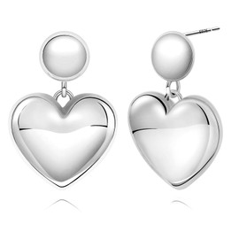 FSLEAD Silver Heart Earrings for Women Heart Shaped Dangle Earrings Chunky Heart Statement Earrings Large Puffy Heart Stud Earring Big Love Drop Earring Valentines Day Earrings for Women