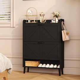 HOMEFORT Shoe Storage Cabinet for Entryway, 30" Freestanding Organizer with Two Flip Drawers, Narrow Hidden Shoe Rack with Wood Legs, Farmhouse Shoe Cabinet for Front Door Entrance,Black