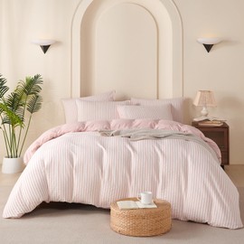 Striped Comforter Set Queen Pink Soft Luxury Washed Microfiber Jacquard 3 Pieces Bedding Set, White Pink Vertical Ticking Stripes Pattern Comforter with 2 Pillowcases Breathable Durable Comfy