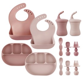 PandaEar 12PCS Silicone Baby Feeding Set | 2 Sectioned Baby Suction Plate, 2 Baby Bibs, 2 Toddler Cup, 4 Baby Spoons & 2 Baby Forks | Baby Led Weaning Supplies, Onesize