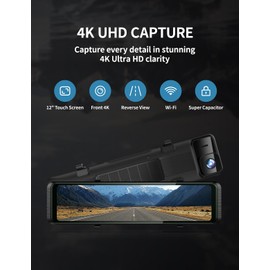 4K Rearview Mirror Dash Cam Front and Inside, 12" Touch Screen Wireless Rear View Mirror Camera,Backup Camera for Car with WiFi and Included 64GB Card,G-Sensor,Voice Control,Loop Recording