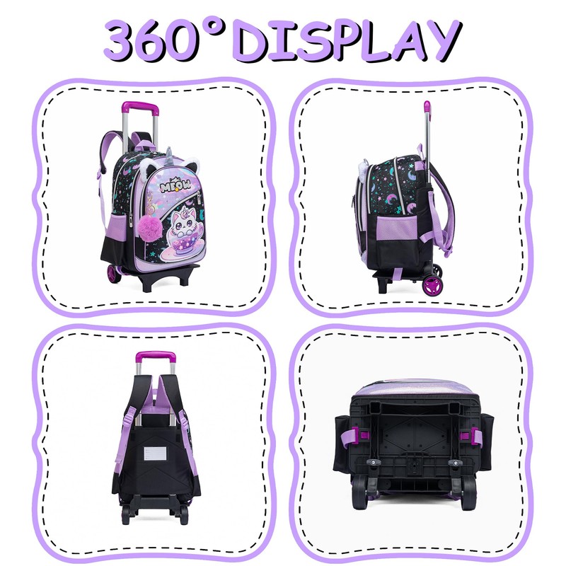 Oruiji Girls Rolling Backpack for Kids with Wheels,Cute Cat Lightweight