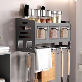 TWSOUL Wall Spice Rack, Kitchen Shelf with Spice Jars and Hooks, Metal Spice Rack, Black Spice Organiser Shelf, 28 cm/37 cm/46 cm, for Kitchen and Bathroom Organiser (28 cm)