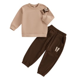 MAHUAOYIXI Toddler Kids Boys Easter Clothes Long Sleeve Letter Print Sweatshirt Pullover Shirts Top and 3D Bunny Ears Elastic Waist Pants 2Pcs Sets Outfits for Little Boys (Coffee, 3-4 Years)