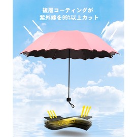 UV Protection, Sun or Rain, Sun Parasol, Trifoldable, Large, Lightweight, Cute Floral Print When Wet Umbrella with Hair Elastic Set, 6 Colors Available, Pink