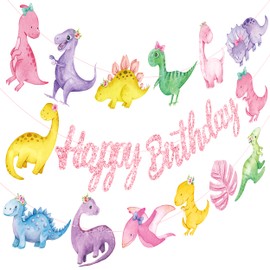 Dinosaur Birthday Party Banners Dinosaur Birthday Party Decorations for Girls 3pcs Pink Glitter Dinosaur Theme Banners Dino Party Supplies Baby Shower Decorations