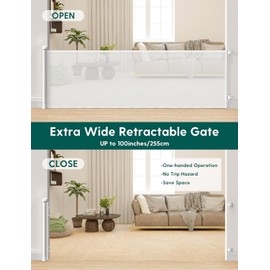 34'' Tall 100'' Extra Wide Retractable Baby Gates for Large Openings, Momssy Child Safety Mesh Gate, Long Dog Gate for Indoor/Outdoor Stairs Hallways Deck Patio Garage Door(White)