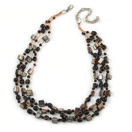 Avalaya Multi Strand Black Ceramic Bead with Dark Grey Sea Shell Nugget Orange Cord Necklace/42cm L/ 8cm Ext