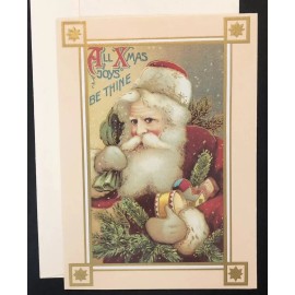 Vtg Christmas Card Artistic Rosy Cheek Santa With Drum Bag Tree Gifts Xmas Joys