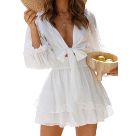 AlvaQ Womens Sundress Casual V Neck Long Sleeve Mini Dress Bohemian Fashion Skater A Line Ruffle Swing Dresses White 1x