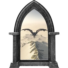 Castle Scape Black Dragon 2 Granite Castle Window Wall Decal Fantasy Medieval Removable Fabric Vinyl Peel and Stick Wall Sticker for Kids Boys Room Decor 24 inch