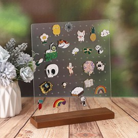 JUXYES Pack of 2 Clear Acrylic Enamel Pin Display Stand with Walnut Base, Tabletop Pin Organizer Display Storage Stand, Enamel Pin Display Holder for Award Badges Pins Collectible, hold Up To 132 Pins