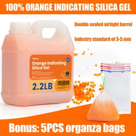2.2LBS Silica Gel Desiccant Beads, Premium Color Indicating Reusable Desiccant Bulk, Industry Standard 3-5 mm Silica Beads for 3D Filament, Electronic Devices, Camera, Jewelry, Safe (5PCS Organza Bag)