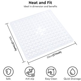 ADOV Shower Mat, Non Slip Square Bath Mat Antibacterial Rubber 53 x 53cm/ 21 x 21inch, Anti Mould Machine Washable Safety Bathroom Mat with Anti-Slip Suction Cups Griping, Drain Holes – Transparent