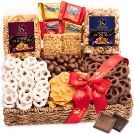 KREMERY Creamy Chocolate Cravings - Chocolate Covered Pretzels & Caramel Popcorn Gift Basket, in Seagrass Tray + Ribbon (Premium, 2.5 lbs) Food Arrangement, Food Assortments USA Made