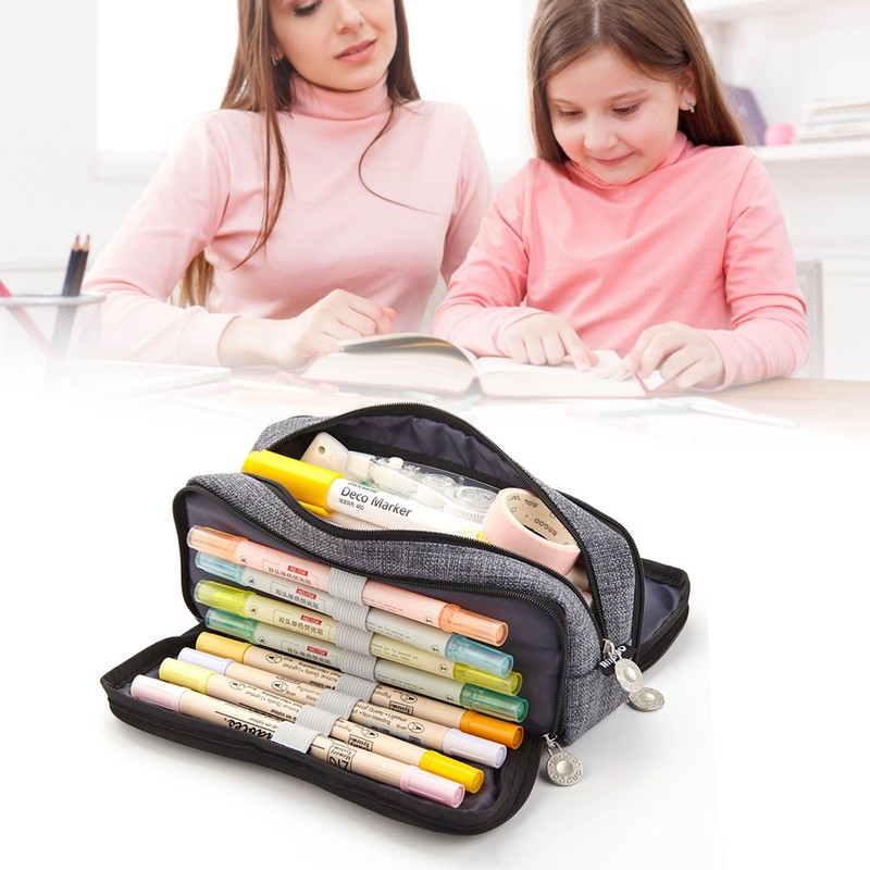 Large Capacity Pencil Case Multi Pocket Double Opening Cute Stationery