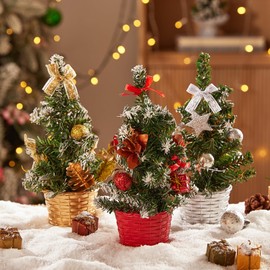 Warmiehomy 3PCS Mini Table Top Christmas Trees 7.8in/20cm Indoor Red & Gold & Silver Baubles Xmas Decorations Small Artificial Christmas Tree for Home Office Desk Top Christmas Decor