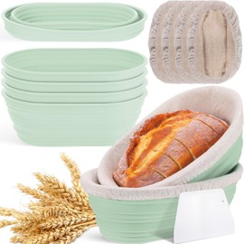 Nuogo 4 Pack Oval Bread Proofing Basket Silicone 10 Inch Collapsible Sourdough Bread Baking Supplies Dough Proofing Bowl with 4 Pcs Dough Scraper and 4 Pcs Basket Covers(Green)