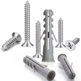 Tiruiya Pack of 200 Screw Dowels Set, Includes 100 Stainless Steel Screws, 100 Concrete Dowels for Mounting in Aerated Concrete, Bricks, Stone and Much More, Nail Dowels for Wall Mounting Shelves
