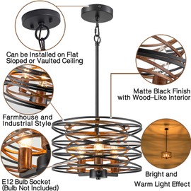 Bargeni Chandelier,13 Inch Dining Room Light Fixture,Matte Black Finish with Wood-Like Interior,Adjustable Height Farmhouse Chandelier for Kitchen Island,Bedroom,Living Room,Foyer