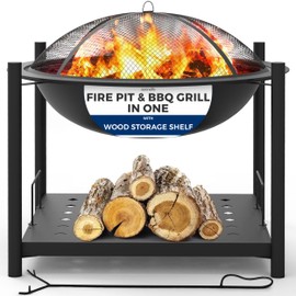 SereneLife Smokeless Wood Fire Pit, Steel BBQ Grill Fire Pit Bowl with Mesh Spark Screen, Log Grate, Fire Poker, and Cover, Heat-Resistant Coating, Perfect for Outdoor Entertaining, 26”x26”x22”