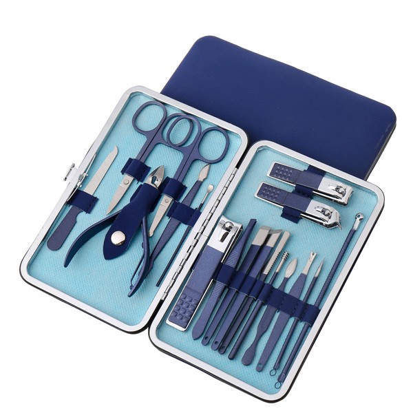 18pcs Manicure Set, Stainless Steel Pedicure Set Nail Clippers for Men Women Professional Grooming Kit Eyebrow Scissors Tools with Luxury Portable Travel Case (Blue)