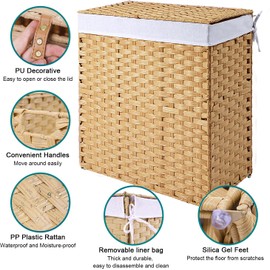 Woven Laundry Hamper with Lid and Handles, 110L Foldable Clothes Hamper, Clothes Laundry Basket with Removable Liner Bags for Clothes, in Bathroom, Bedroom (Natural)