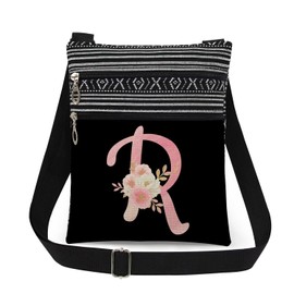XiaoGalaee Pink Art Letter R Crossbody Bag Gilded Floral Print with R Letter Messenger Bag Daily Use Adjustable Strap Crossbody Purse Birthday Gift Valentine Present​​ for Adult Bridesmaid Gift