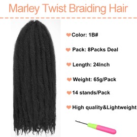 Mscat Marley Twist Braiding Hair 24 Inch Marley Twist Hair Long Twist Hair 8 Packs Afro Kinky Curly Twist Crochet Hair Synthetic Marley Hair Extensions (24 Inch 8packs, 1B)