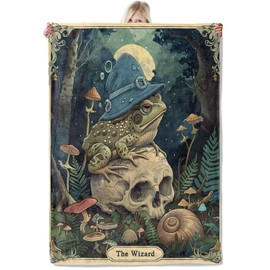 ICAAV Mystical Frog Wizard Blanket 50x60in,Enchanted Forest Toad with Skull and Mushrooms Under Full Moon,Soft Lightweight Throw for Fantasy Lovers,Witchy Decor and Dark Academia Fans Gifts