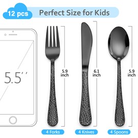 LIANYU 12-Piece Kids Black Silverware Set, Stainless Steel Preschooler Toddler Utensils, Hammered Metal Flatware Cutlery Set, Children Tableware Includes Knives Forks Spoons, Dishwasher Safe