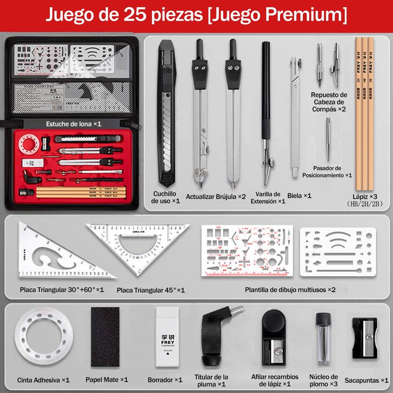 WOAZNSK Geometrico Juego de Compás,25 piezas Juego de Geometría Profesional,brújula