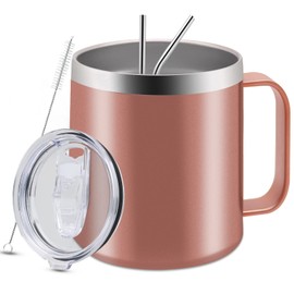 Termo de Taza de Acero Inoxidable 14OZ,Taza Termo de Asa,con Tapa Hermética,2-Pajita y 2-Cepillo de Limpieza,Taza Termica Frio y Caliente Portátil,Vaso de Viaje para Cafe,Té,Agua y Bebidas(Oro Rosa)