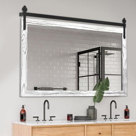 YOSHOOT Farmhouse Barn Door Mirror, 40"x26" Rustic Wood Framed Wall Mirror, Wall Mounted Vintage Mirror, Wooden Farmhouse Style for Bathroom Living Room Entryway, White, Horizontal Hanging ONLY