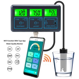 Tuya WiFi 7in1 Water Quality Tester Multi-Parameter Water Analyzer Digital Display PH/ORP/EC/PPM/CF/Humidity/Temperature Monitoring Meter for Drinking Water Aquarium Aquaculture Swimming Pool