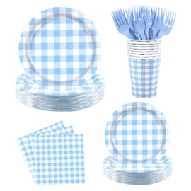 150PCS Blue Gingham Disposable Party Tableware Set for 30 Guests