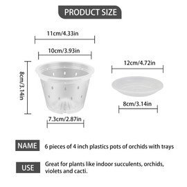Orchid Pots 6 Pack, 4 Inch Clear Orchid Pots with Holes & Saucers, Plastics Breathable Slotted Orchid Planter Indoor Outdoor