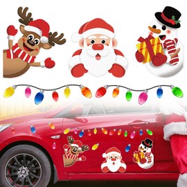 MIOLOE Reflective Christmas Car Magnets Set, Christmas Car Decals Refrigerator Magnets Bulb Santa Snowman Deer Reflective Sticker for Car Home Mailbox Office Decorations (01)